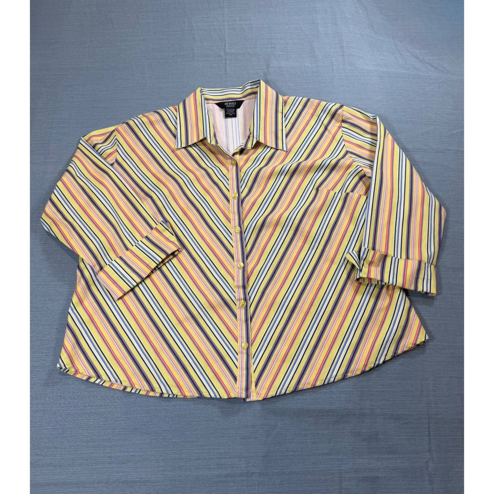 Details Stretch Womens 3X Striped Button Up Shirt 3/4 Sleeve Yellow Pink Blue